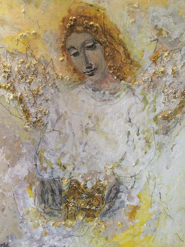 weißer Schutzengel mit goldenen Haaren und Goldflitter an Flügeln und Händen